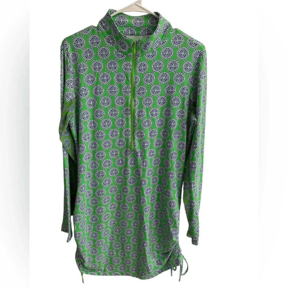 IBKUL Green and White Long Sleeve Zip Mock Neck Top